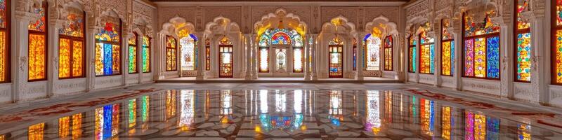 The interior of a large building with many stained glass windows photo