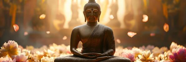 Buddha statue in lotus position with sun shining through photo