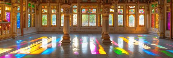 The inside of a palace with colorful stained glass windows photo
