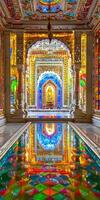 The inside of a colorful building with a pool photo