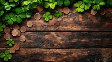 St patricks day background with clover leaves and coins on wooden background photo