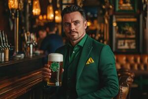 A man in a green suit holding a beer photo