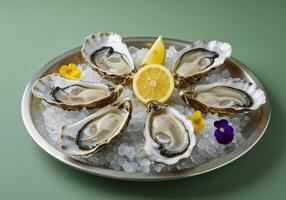 Fresh Oysters on Ice with Lemon photo