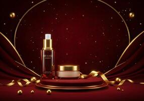 Luxurious Red and Gold Skincare Display with Elegant Bottles photo