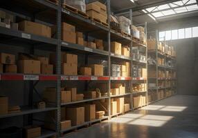 Sunlit Warehouse Rows Filled with Cardboard Boxes photo