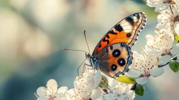 A butterfly is sitting on a flowering tree branch photo
