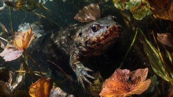 A frog in the water with flowers and plants photo