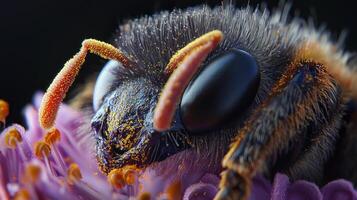 A close up of a bee with its head on a flower photo