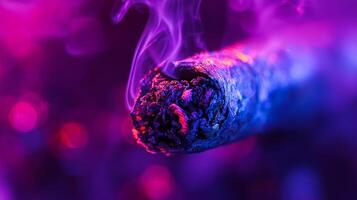 A close up of a cigar with purple smoke photo