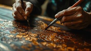 A person is painting a wooden table with a brush photo