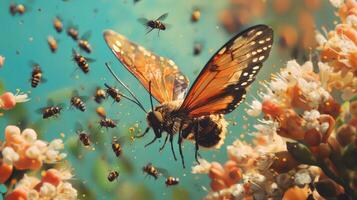 Butterfly and bees flying over flowers photo