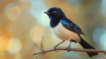 A small black and white bird is sitting on a branch photo