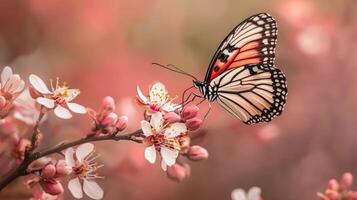 A butterfly is sitting on a branch with pink flowers photo