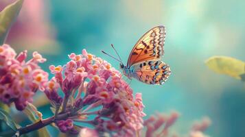 Butterfly on pink flowers with blurred background photo
