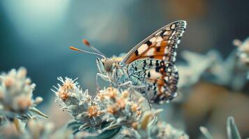 A butterfly is sitting on top of some flowers photo