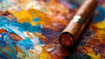 A cigar sitting on top of an oil painting photo