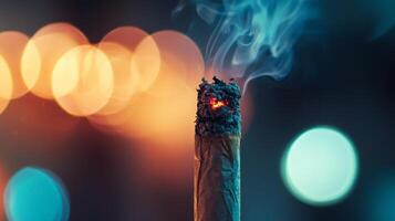 A close up of a lit cigarette with a bright light photo