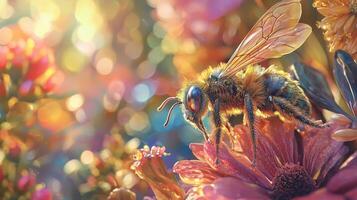A bee is sitting on a flower with bright colors photo