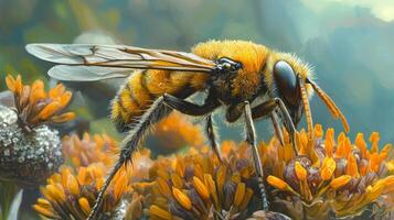A painting of a bee on some flowers photo