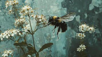 A bee is flying over some white flowers photo
