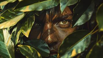 A man hiding behind leaves in the forest photo