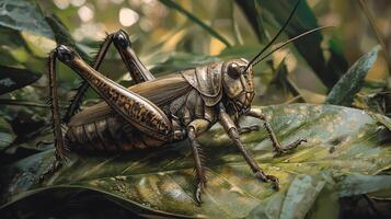 A large grasshopper sitting on a leaf photo