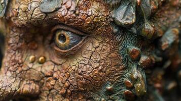 A close up of a statue with a face made of mud photo