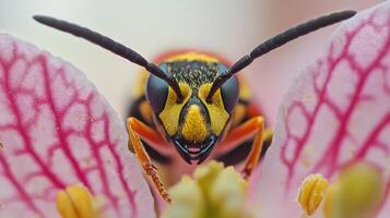 A close up of a wasp on a pink flower photo