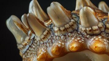 A close up of a large animal's teeth photo