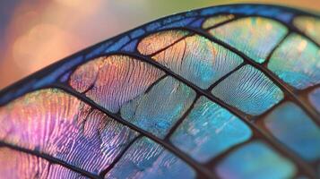 A close up of a butterfly wing with colorful colors photo