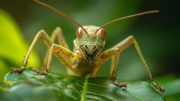 A grasshopper is sitting on a leaf photo
