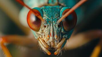 A close up of a grasshopper with red eyes photo