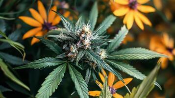 A marijuana plant with yellow flowers photo