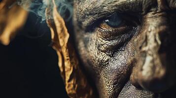 A close up of an old man's face with smoke coming out of his mouth photo