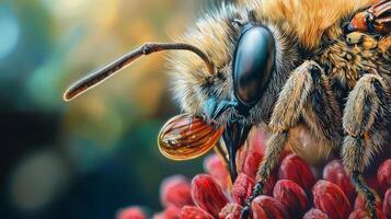 A close up of a bee with a drop of honey on its head photo