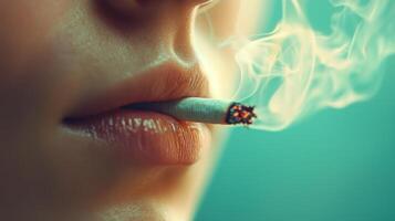 A close up of a woman's mouth with smoke coming out photo
