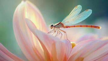 A dragonfly is perched on a pink flower photo