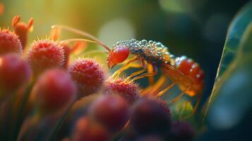 A close up of a red insect on some flowers photo