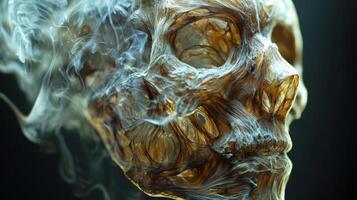 A close up of a skull with smoke coming out of it photo