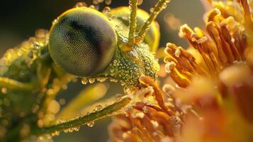 A close up of a bug with water droplets on its head photo