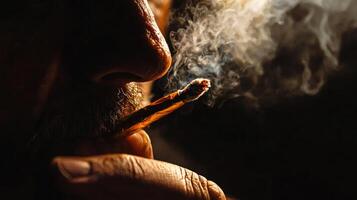 A man smoking a cigarette with smoke coming out of his mouth photo