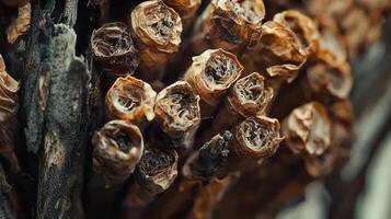 A close up of dried leaves on a tree photo