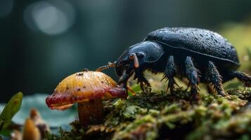 A beetle eating a mushroom on a mossy surface photo