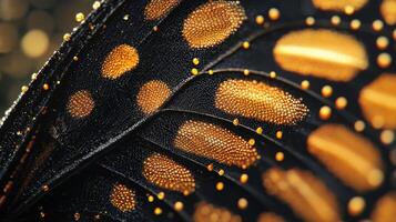 A close up of a butterfly wing with gold dots photo