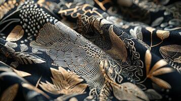 A close up of a black and gold floral pattern photo