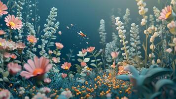 A field of flowers with butterflies flying over it photo