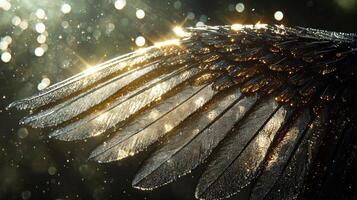 A close up of a bird's wing with water droplets photo