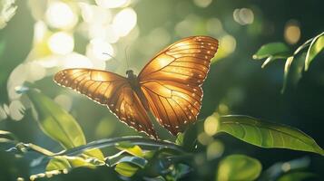 A butterfly is sitting on a leaf in the sunlight photo