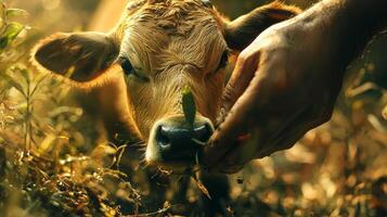 A person feeding a cow in a field photo