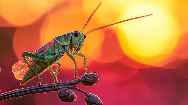 A grasshopper is sitting on a branch with a sunset in the background photo